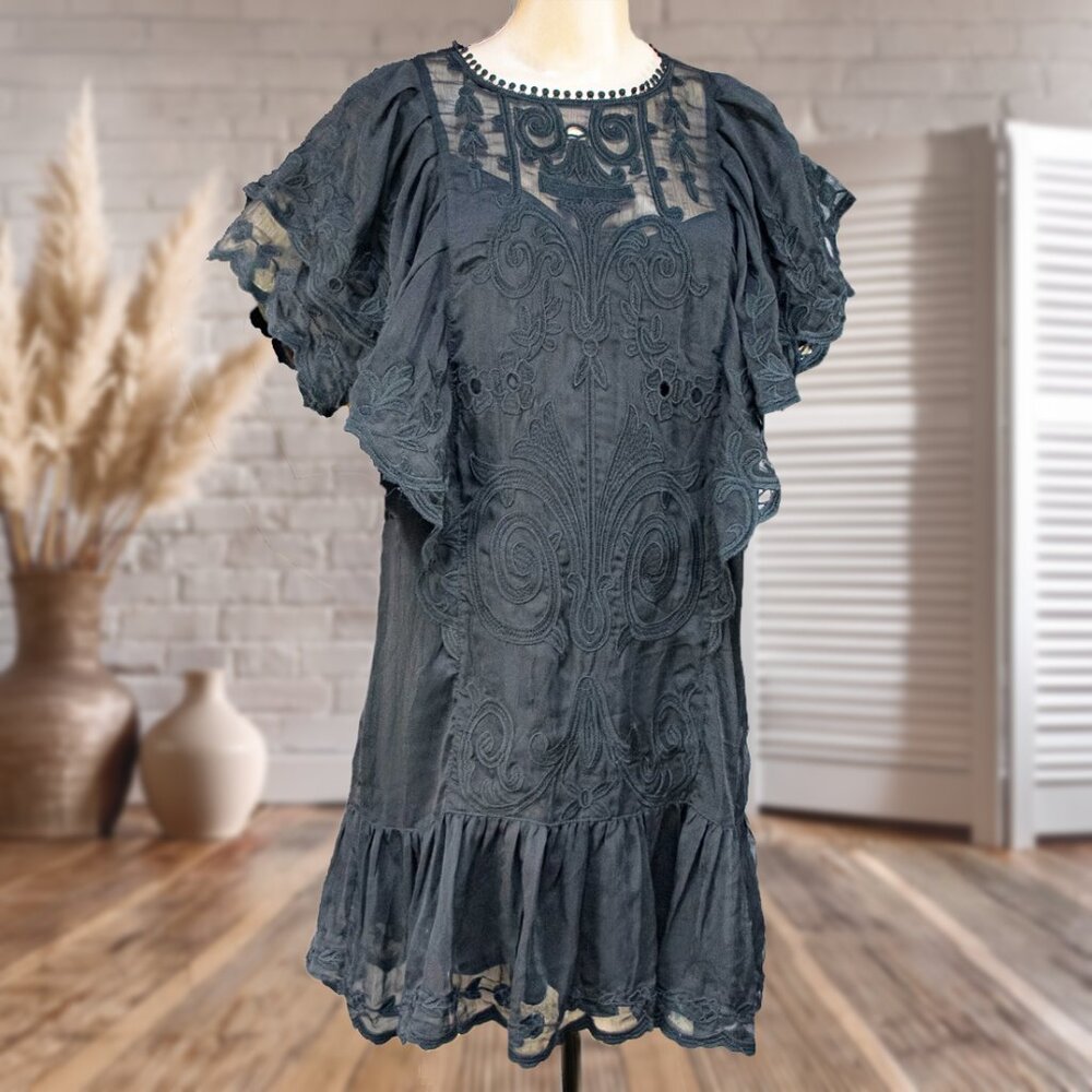 STELLAH Black Semi Sheer Lace Dress Cottagecore Boho Babydoll Sz L